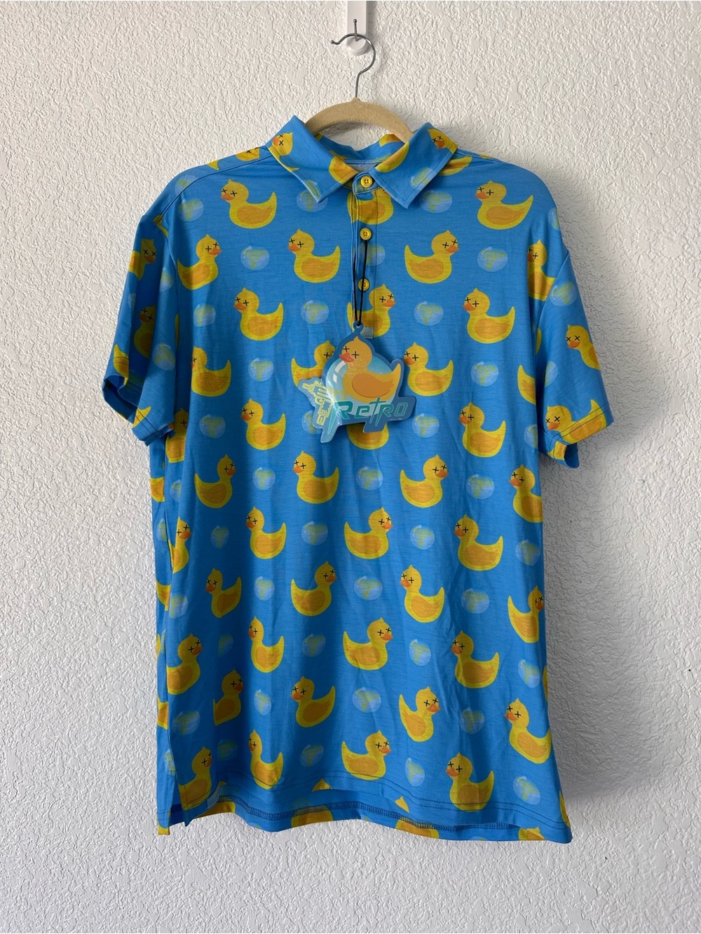 Retro Rifle Killer Duck Blue Polo Shirt Mens Medium Rubber Ducky Gun Print S6